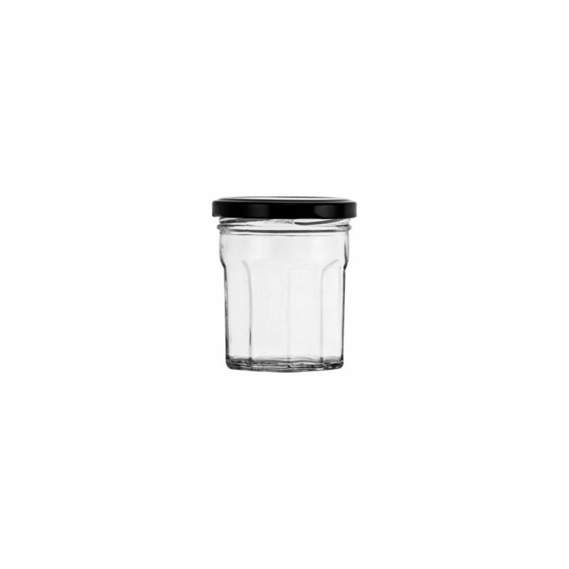 REGENT GLASS FACETED JAR WITH BLACK LID NORMAL BOTTOM 6 PACK, 200ML (82X70MM DIA)