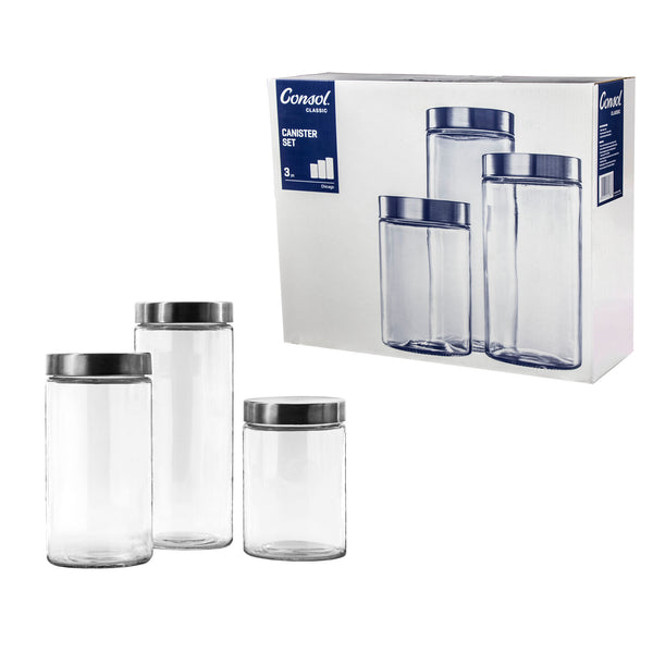 CONSOL CHICAGO CANISTERS WITH ST STEEL LIDS 3 PIECE SET, (170/220/275X115MM DIA)