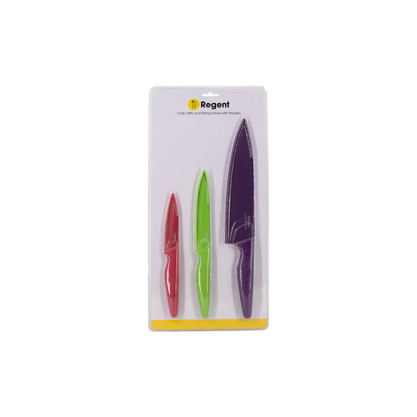 REGENT KITCHEN CHEF, UTILITY, PARING COLOURED KNIVES WITH SHEATHS 3PCS SET, (325MM l 240MM l195MM)