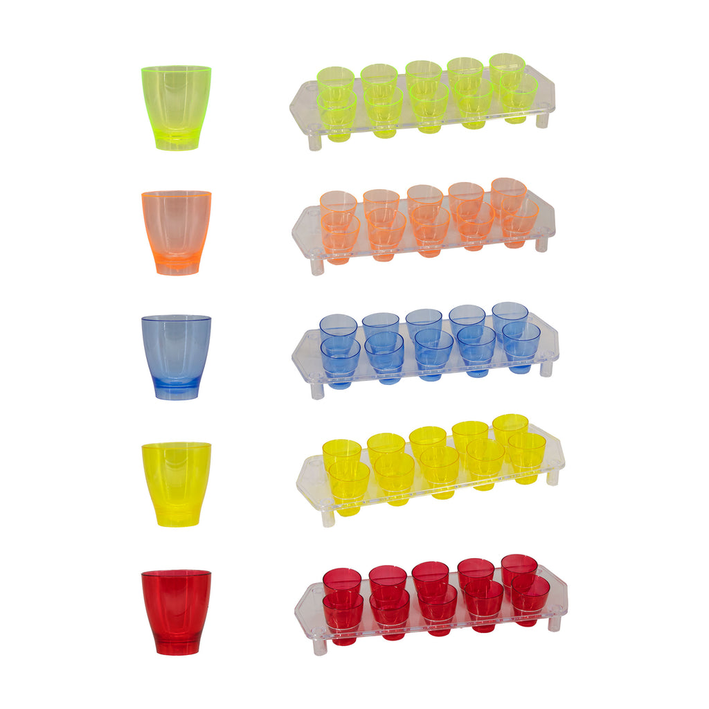BAR BUTLER COLOURED PLASTIC SHOT GLASSES 10 ON TRAY (1 COLOUR PER TRAY), 25ML (275X95X45MM)