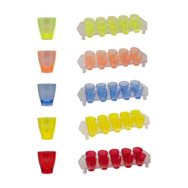 BAR BUTLER COLOURED PLASTIC SHOT GLASSES 10 ON TRAY (1 COLOUR PER TRAY), 25ML (275X95X45MM)
