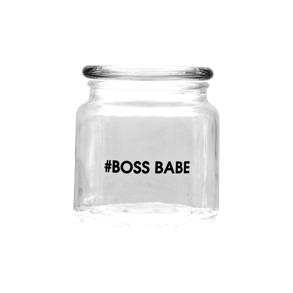 REGENT GLASS ROUND JAR WITH GLASS LID PRINTED - BOSS BABE, 550ML (100X100MM DIA)
