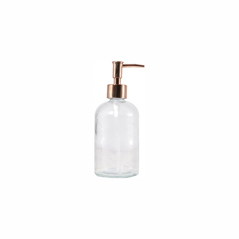 REGENT GLASS ROUND SOAP DISPENSER WITH ROSE GOLD PLASTIC PUMP, 500ML (190X75MM DIA)