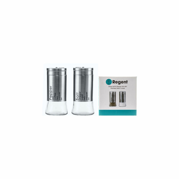 REGENT GLASS SALT & PEPPER SHAKERS WITH ST.STEEL COVERS 2 PIECE SET, 125ML (110X53MM DIA)