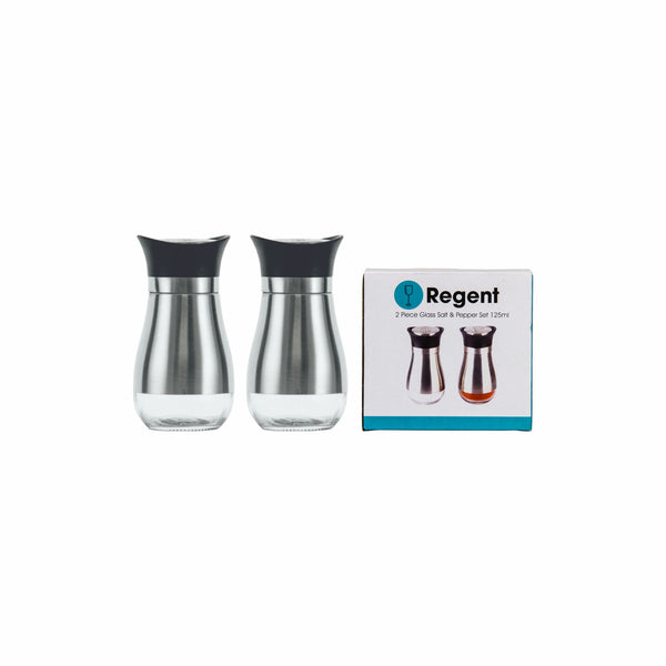 REGENT GLASS SALT & PEPPER SET WITH ST STEEL COVERS 2 PIECES, 125ML (110X55MMDIA)