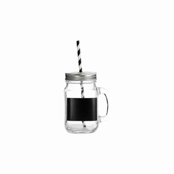 REGENT GLASS MASON JAR MUG WITH BLACK NOTES, LID & STRAW, 450ML (135X78X105MM)