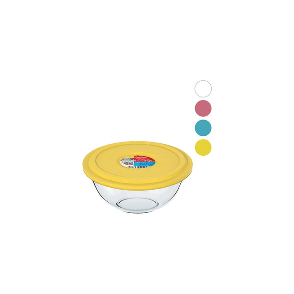 MARINEX GLASS MIXING BOWL WITH COLOURED PLASTIC LID, 1.5LT (94X210MM DIA)