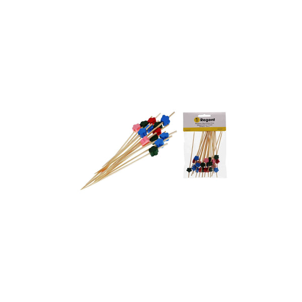 REGENT BAMBOO DISPOSABLE PICKS WITH PINK, BLACK, RED AND BLUE COLOUR FLOWERS 24PCS, (120MM)