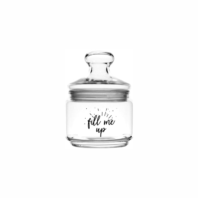 REGENT PRINTED GLASS CANISTER - FILL ME UP, 500ML (150X105MM DIA)