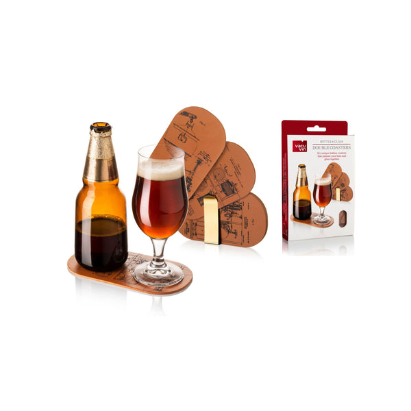 VACU VIN BEER BOTTLE & GLASS DOUBLE COASTERS SET OF 6