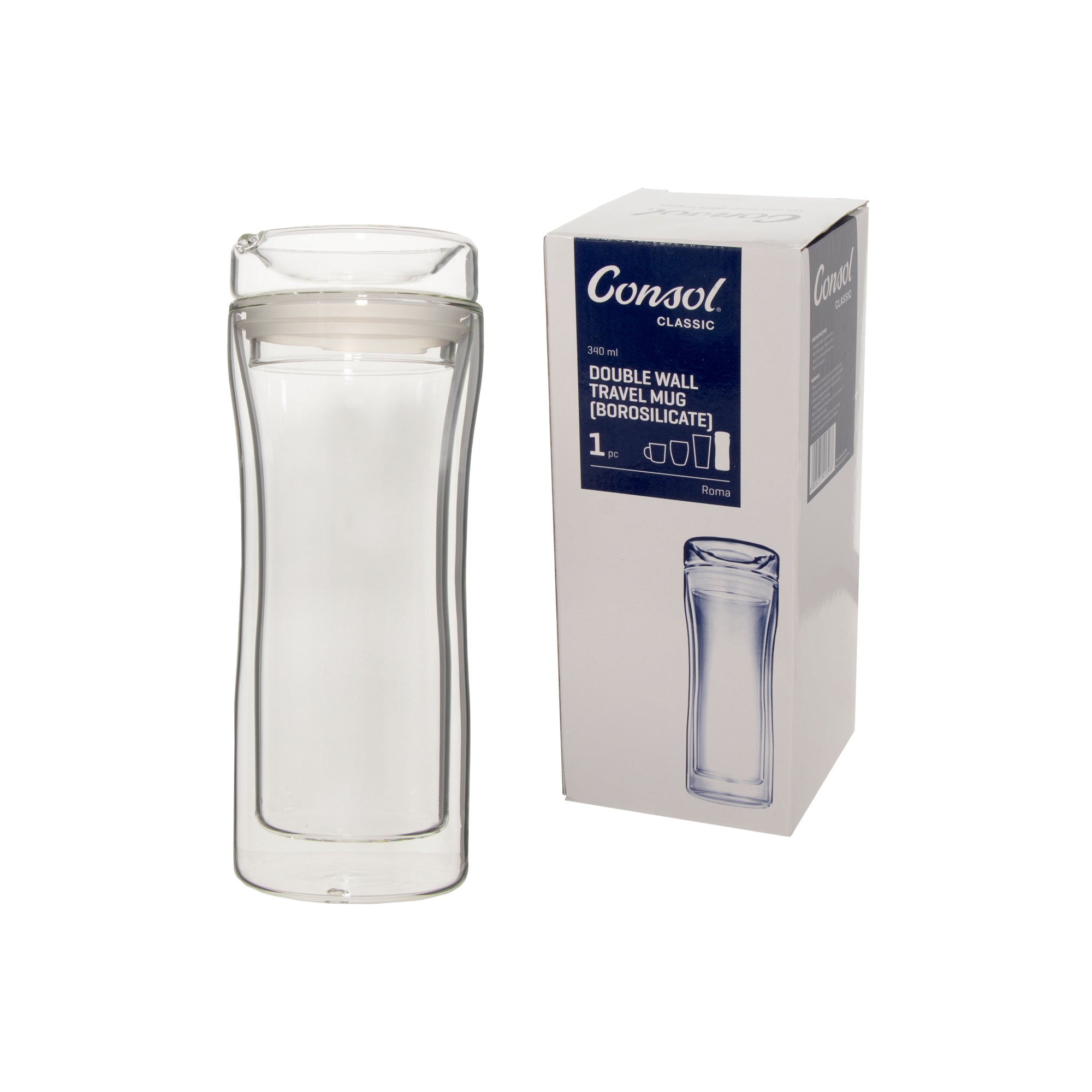 CONSOL ROMA DOUBLE WALL TRAVEL MUG WITH LID, 340ML