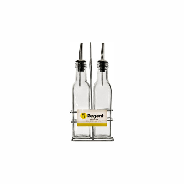 REGENT TALL SQUARE OIL & VINEGAR BOTTLES WITH POURERS ON WIRE STAND, 250ML (260X104X52MM)