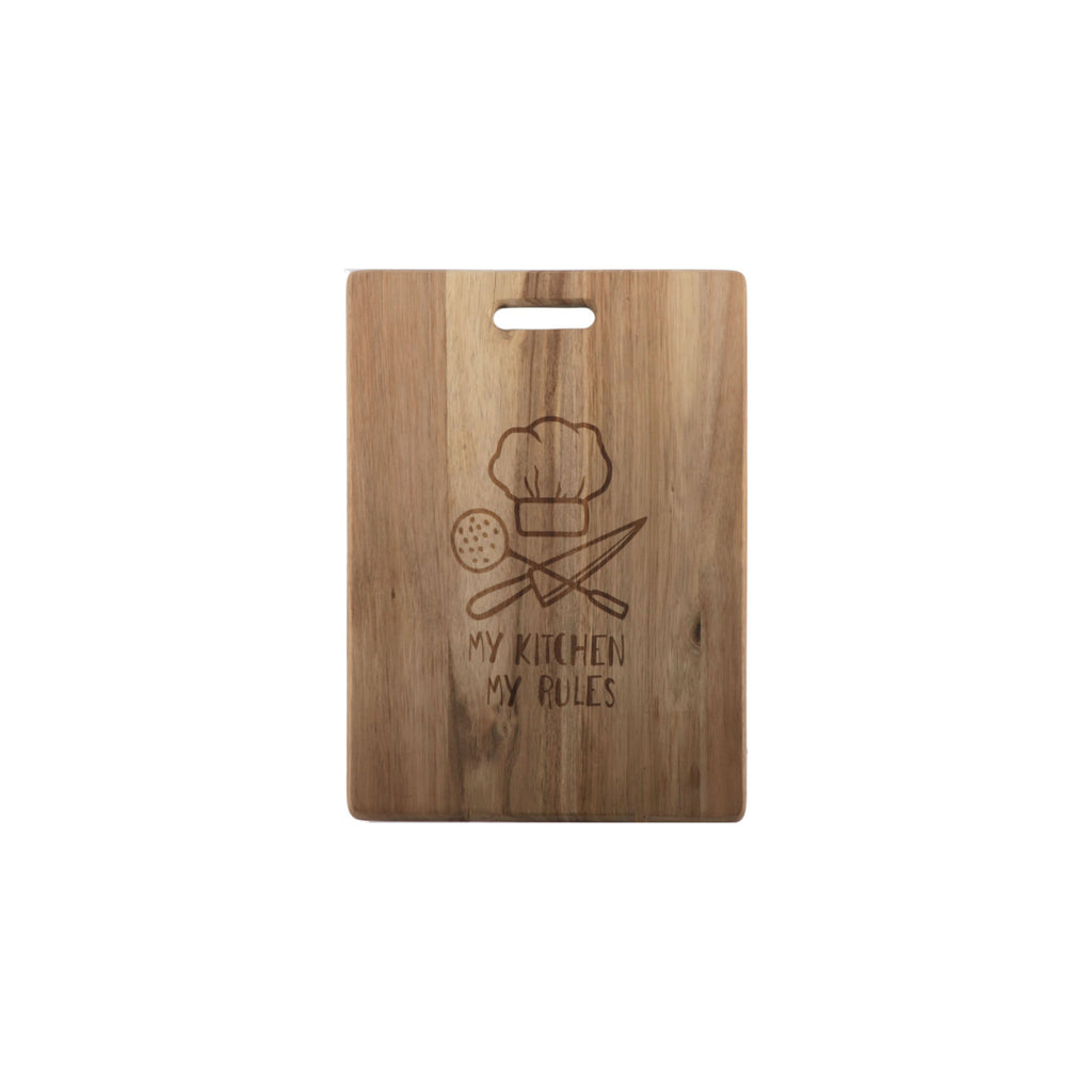 REGENT ACACIA WOOD RECT. SERVING BOARD ENGRAVED MY KITCHEN, MY RULES, (380X300X15MM)