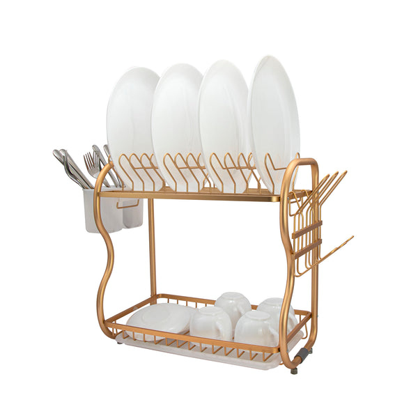 DOUBLE DISH DRYING RACK GOLD ALUMINIUM WITH CLEAR TRAY, (405X230MM)