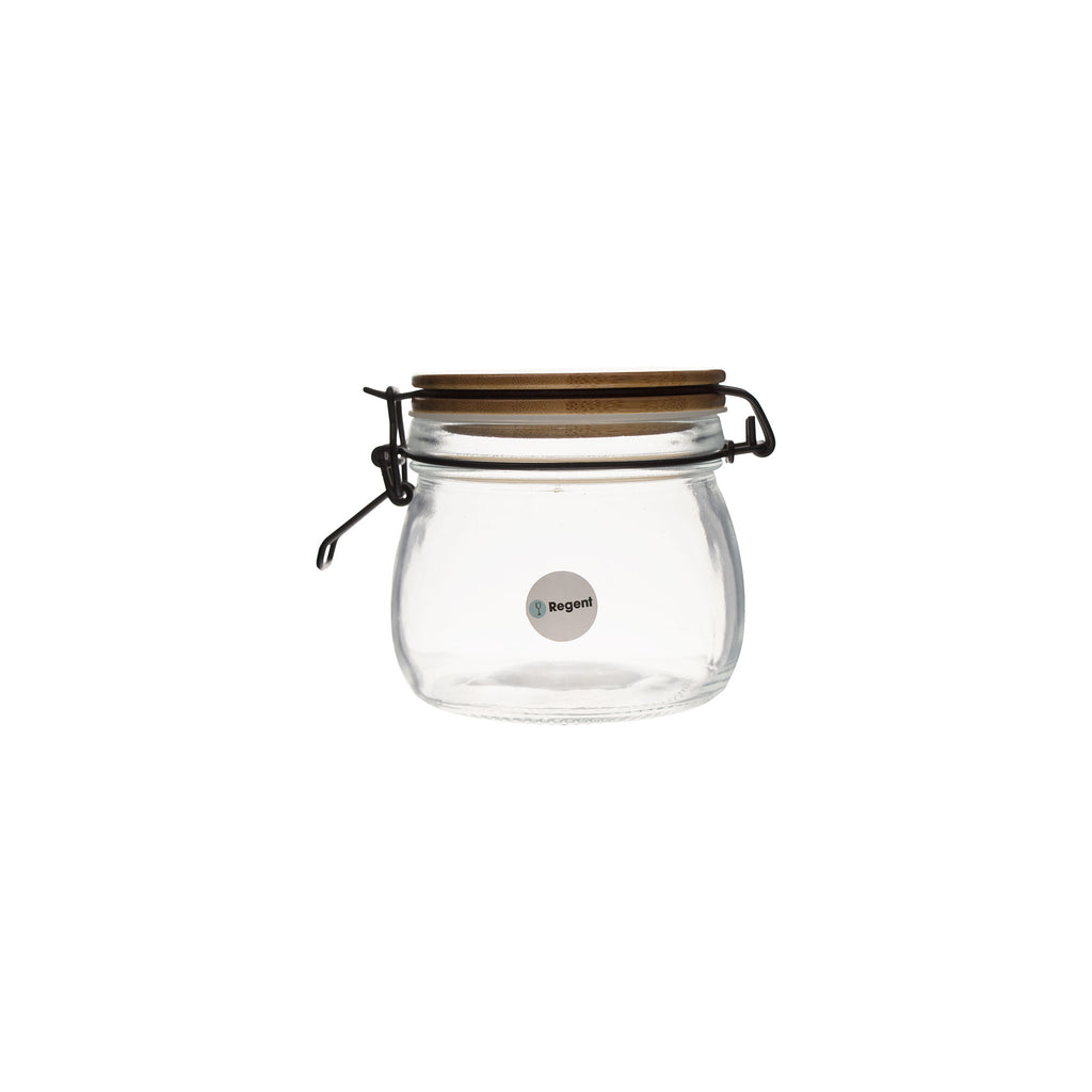 REGENT HERMETIC GLASS CANISTER WITH BAMBOO LID AND BLACK CLIP, 500ML (110X110MM DIA)