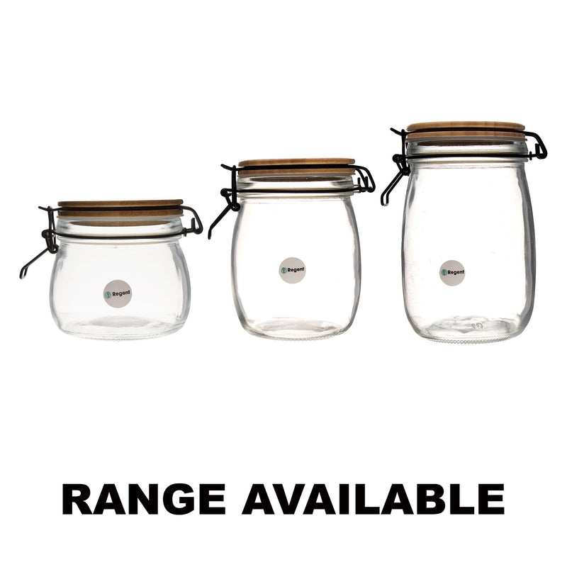 REGENT HERMETIC GLASS CANISTER WITH BAMBOO LID AND BLACK CLIP, 750ML (140X110MM DIA)