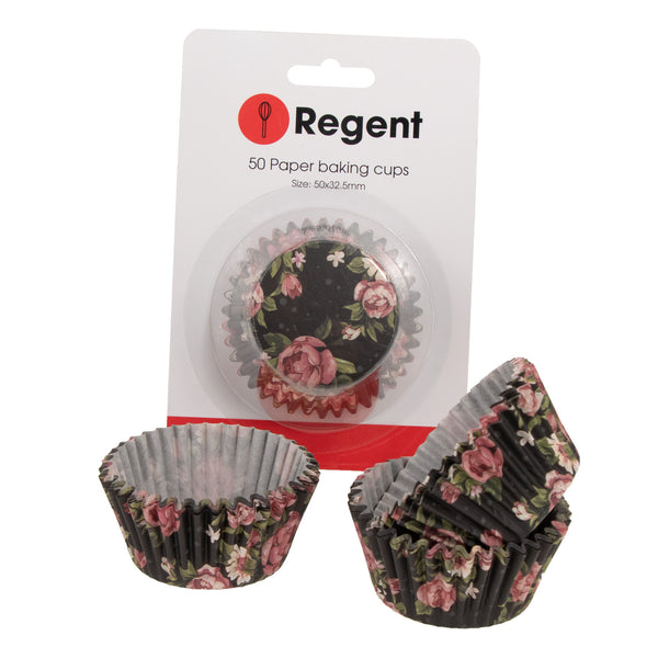 REGENT CAKE CUPS BLACK WITH PINK ROSES AND WHITE DAISIES 50 PCS, (50X32.5MM)