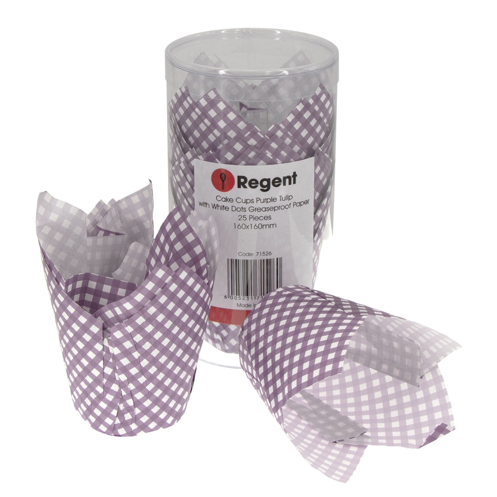REGENT CAKE CUPS PURPLE TULIP WITH WHITE DOTS GREASE PROOF PAPER 25 PCS, (80/50MM DIAX90MM)