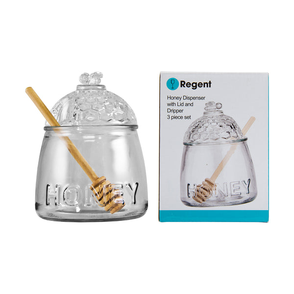 REGENT GLASS HONEY DISPENSER WITH LID & DIPPER (590ML) 3 PIECE SET, (145X110MM DIA)