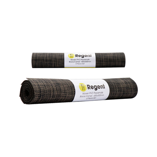 REGENT PLACE  MATS WOVEN PVC BLACK/CAMEL 4 PACK ROLL, (450X300MM)