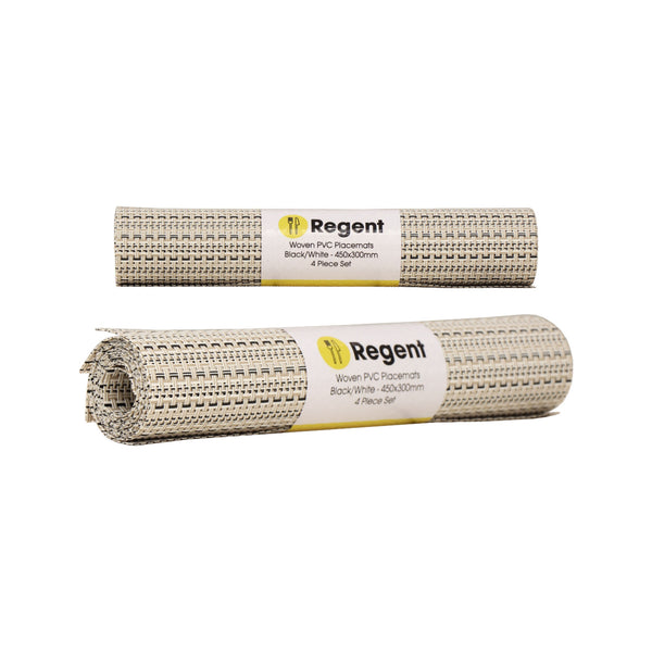 REGENT PLACE MATS WOVEN PVC WHITE/BLACK 4 PACK ROLL, (450X300MM)