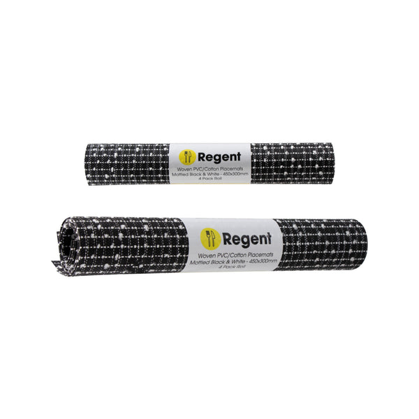 REGENT PLACE MATS PVC/COTTON WEAVE MOTTLED BLACK & WHITE, 4 PACK ROLL (300X450MM)