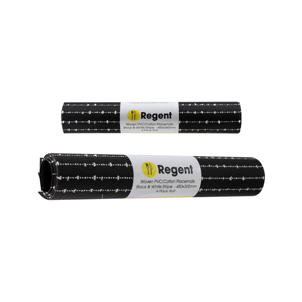 REGENT PLACE MATS PVC/COTTON WEAVE BLACK & WHITE STRIPE, 4 PACK ROLL (300X450MM)