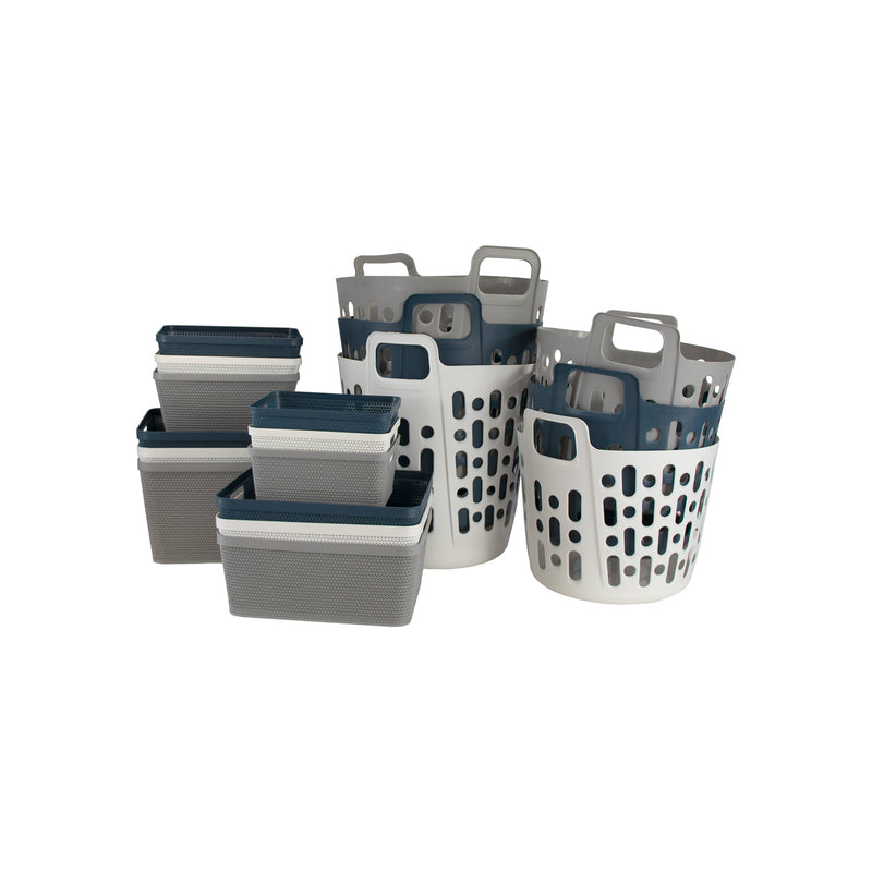 REGENT PLASTIC NEW KNIT BASKET SMALL, ASST. COLOURS BLUE, L/GREY AND WHITE, (250X195X105MM)